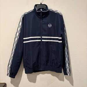 EUC Sergio Tacchini Doral track jacket navy Full Zip Logo Sleeves Men MEDIUM Y2K